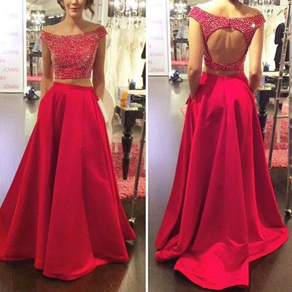 Off Shoulder Two Pieces Red Evening Prom Dresses, Sexy Open Back Party Prom Dress, Custom Long Prom Dresses, Cheap Formal Prom Dresses, 17081