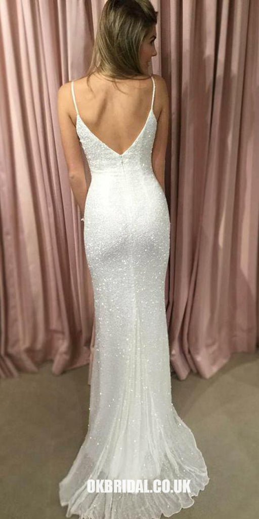 White Sequin Prom Dress, Spaghetti Straps V-Back Prom Dress, KX214
