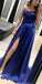 Royal Blue A-Line Sexy Slit Backless Long Elastic Satin Prom Dresses, FC215
