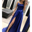 Royal Blue A-Line Sexy Slit Backless Long Elastic Satin Prom Dresses, FC215