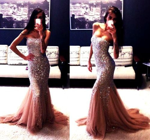 Sparle Gorgeous Shinning Mermaid Sexy Straight Neck Long Prom Dresses, WG217