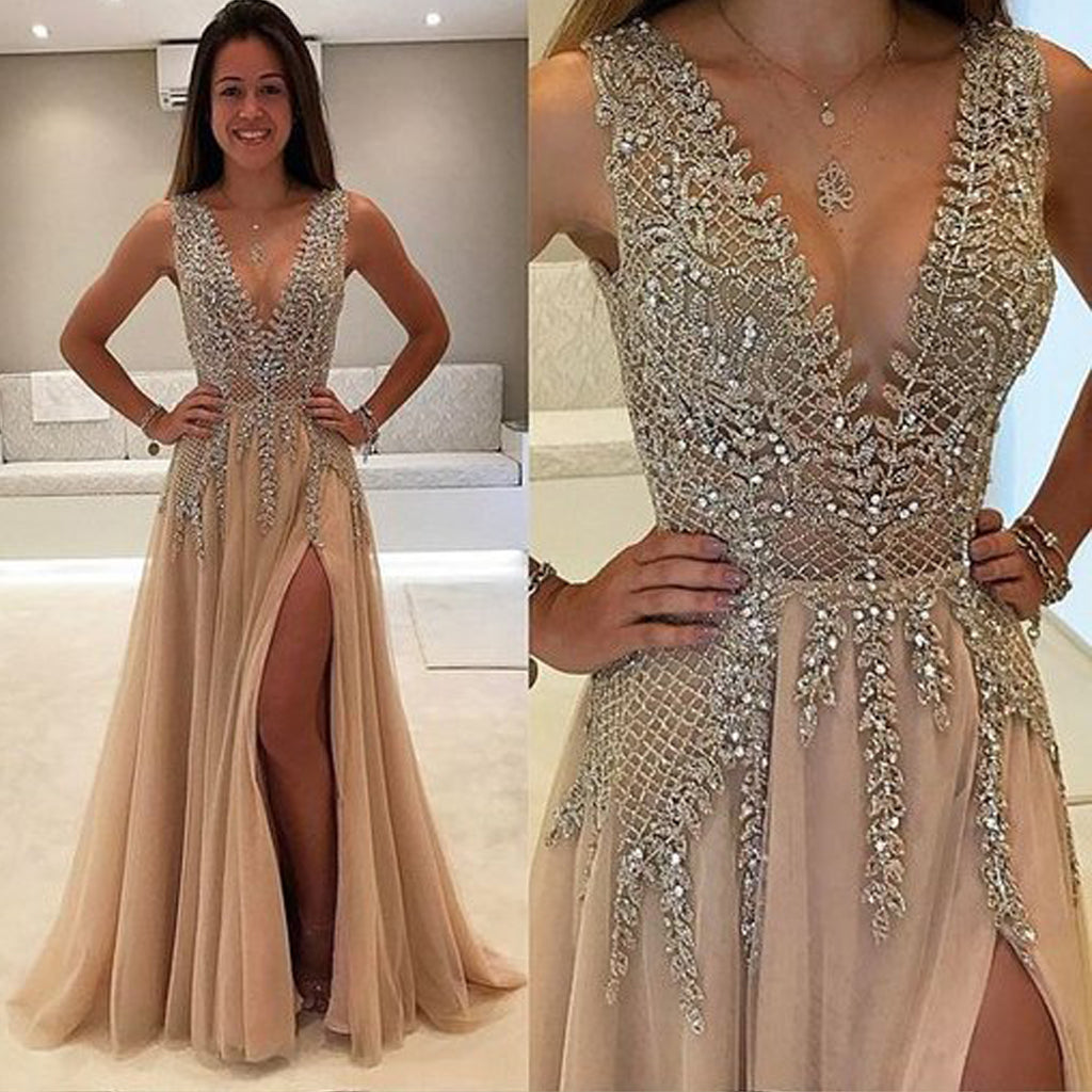 Deep V-neck Beaded Tulle Side Slit Long Prom Dresses Deep V-neck Beaded Tulle Side Slit Long Prom Dresses