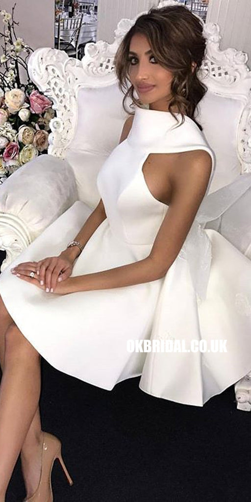 Short White A-line Satin Backless High Neck Bridesmaid Dresses, FC2271