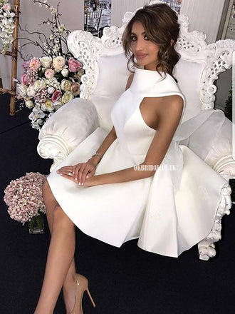 White Short Tea-Length Bridesmaid Dress, Off Shoulder Slit Backless Br –  OkBridal