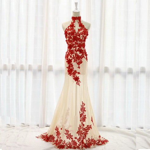 Photo of White and Red Gown with Floral Design Thread Work