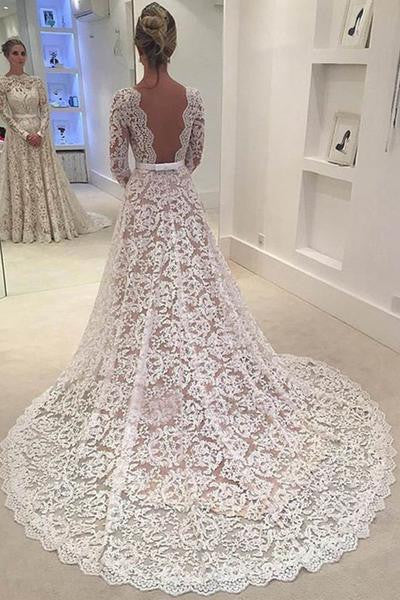 Sexy Backless Long Sleeve A line Wedding Dresses, Long Custom Wedding Gowns, Affordable Bridal Dresses, 17091