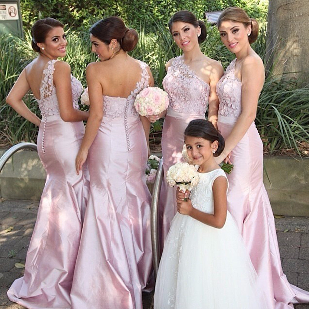 Long Bridesmaid Dress, Satin Bridesmaid Dress, One-Shoulder Bridesmaid Dress, Dress for Wedding, Applique Bridesmaid Dress, Lace Bridesmaid Dress, LB0244