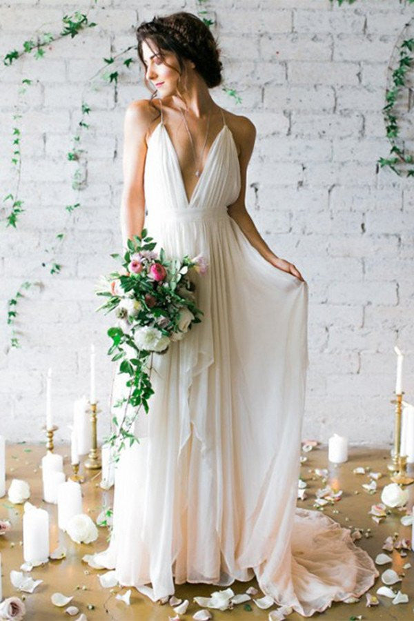 Simple Backless Beach Wedding Dresses, Chiffon Long Custom Wedding Gow –  OkBridal