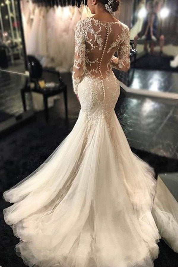 Long Sleeve Lace Mermaid Wedding Dresses, Sexy See Through Long Custom Wedding Gowns, Affordable Bridal Dresses, 17101