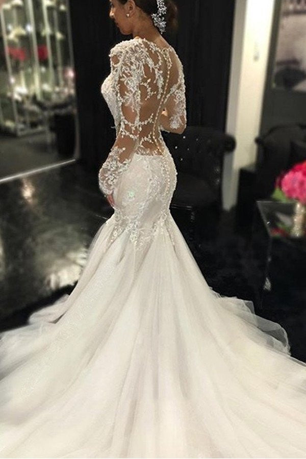 Long Sleeve Lace Mermaid Wedding Dresses, Sexy See Through Long Custom –  OkBridal