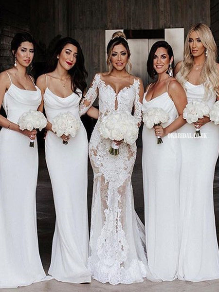 White Elegant Spaghetti Straps Chiffon Floor-Length Bridesmaid Dress, –  OkBridal
