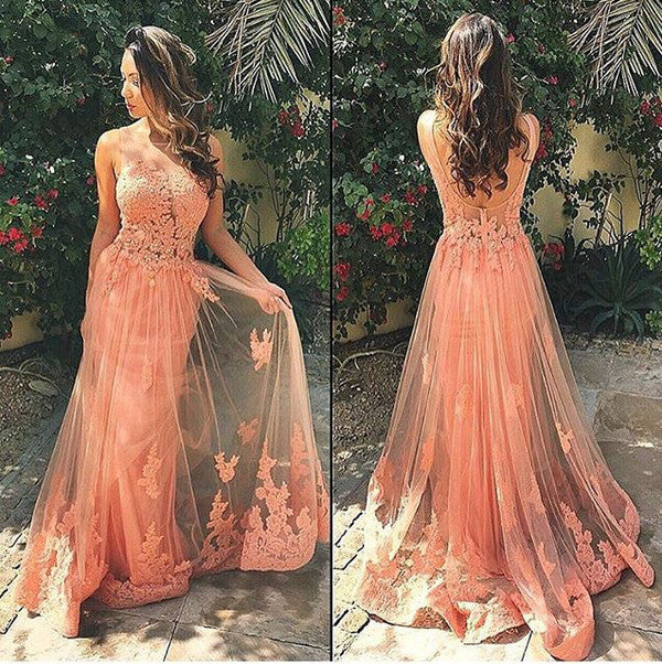 Backless V Neck High Slit Peach Pink Lace Prom Gown - Promfy