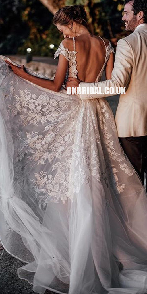 Gorgeous Tulle Cap Sleeve Mermaid Lace Backless Wedding Dresses, FC2570