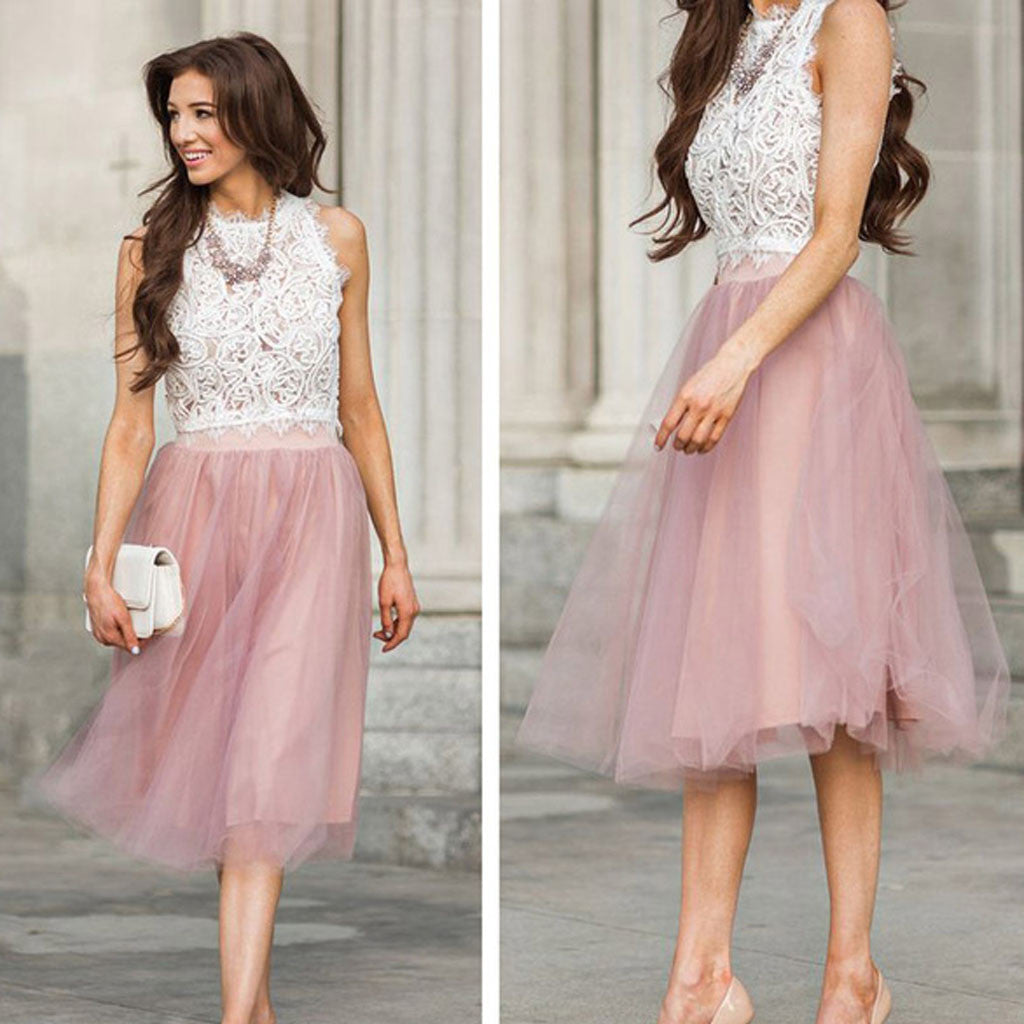 A-line V-neck Lace Appliques Long Tulle Prom Dresses, PD0080