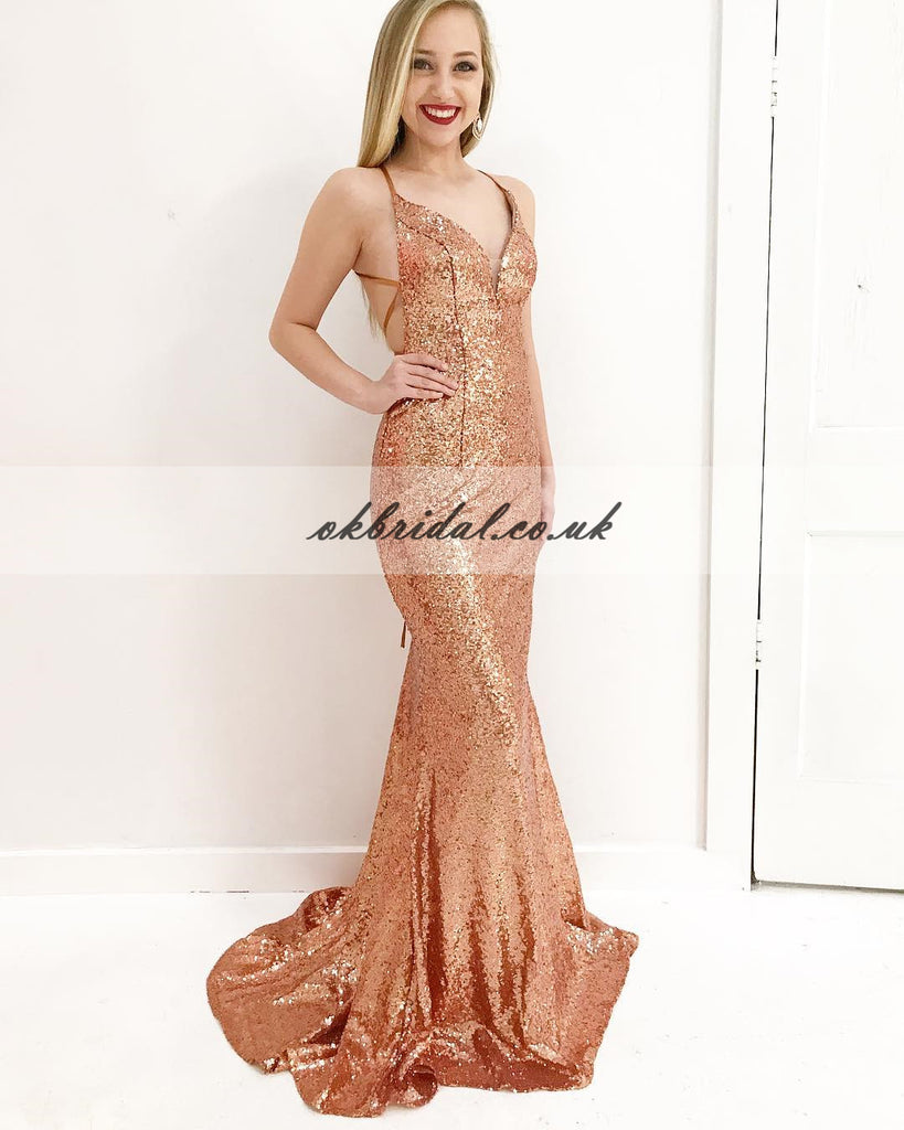 Charming Sequin Mermaid Prom Dress, Spaghetti Straps Backless Prom Dress, KX259