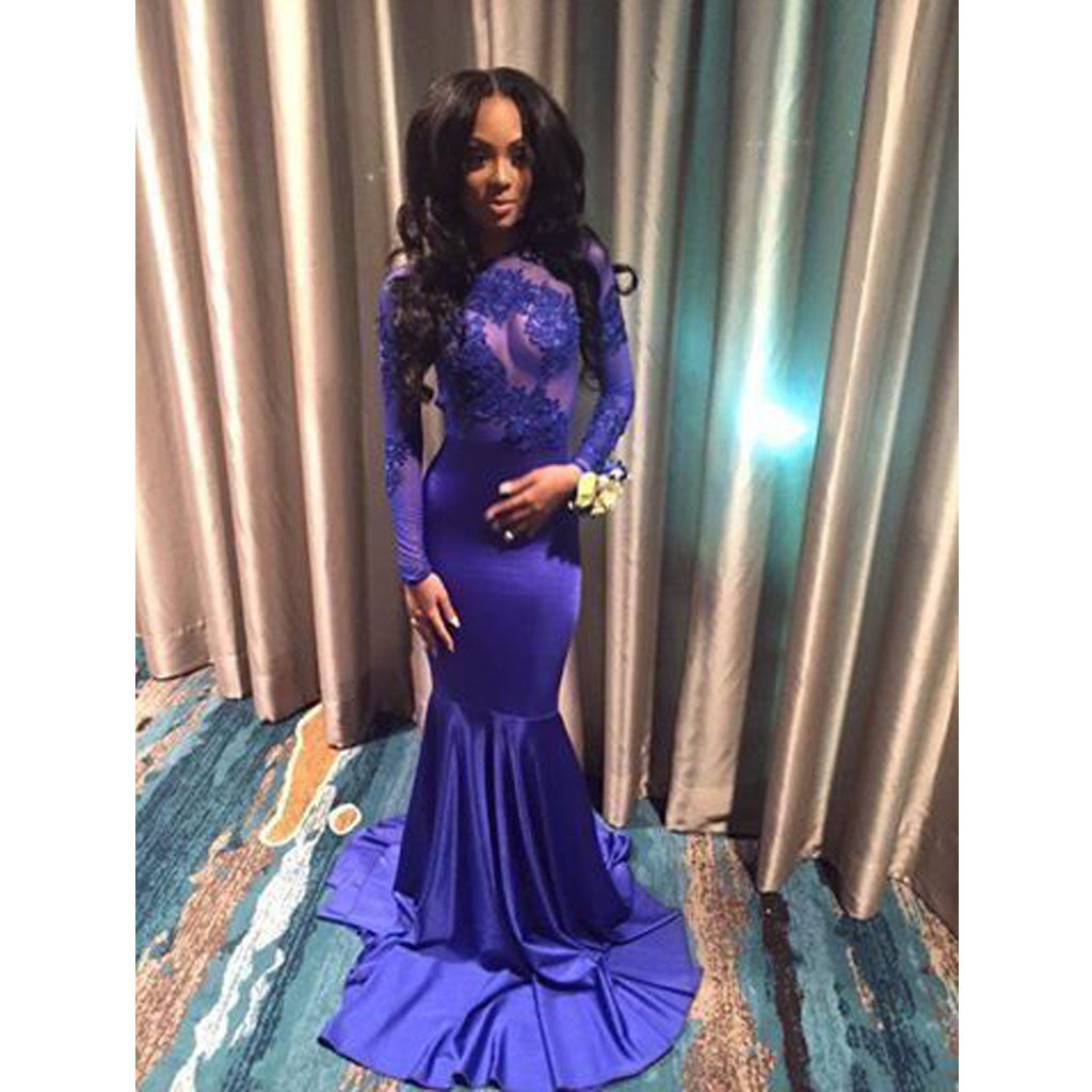 Royal Blue Long Sleeves See Through Sexy Mermaid Applique Long Evening Prom Dresses, WG260
