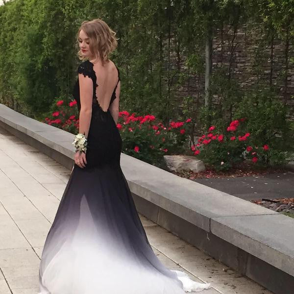 Elegant Black Printing White Prom Dresses 2023 Ball Gown Off-The-Shoulder  Short Sleeve Backless Floor-Length / Long Prom Formal Dresses