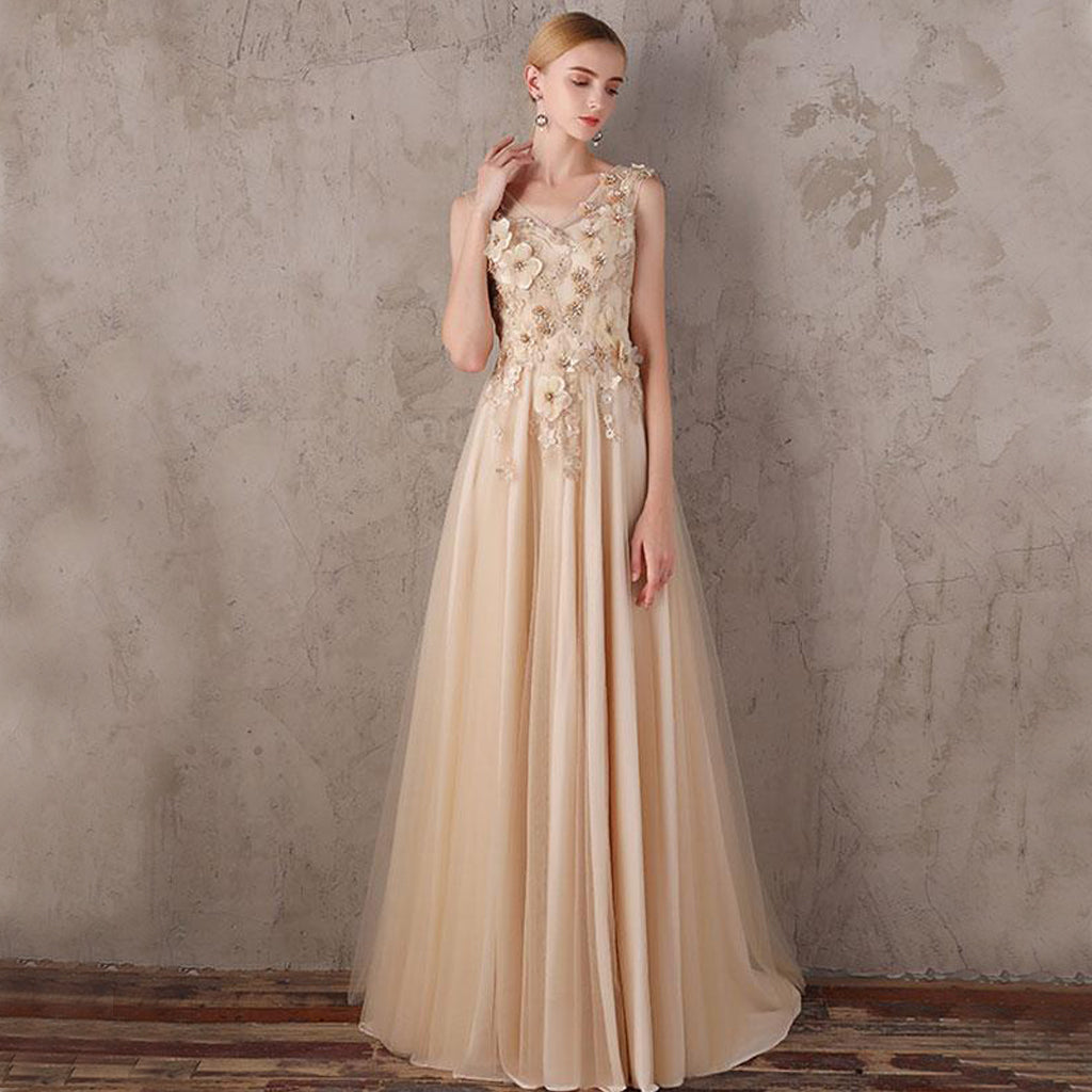 Popular Tulle A-Line Prom Dresses, Cheap Applique Sleeveless Prom Dresses, KX275