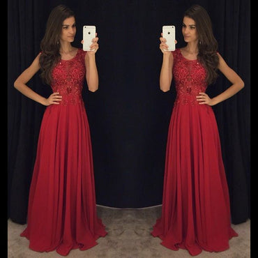Red Cheap Formal A Line Modest Floor Length Chiffon Prom Dress, WG287
