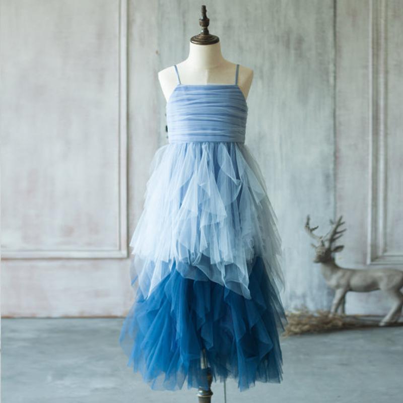 Unique Spaghetti Blue Tulle Flower Girl Dresses, Cheap Junior Bridesmaid Dresses, FG048