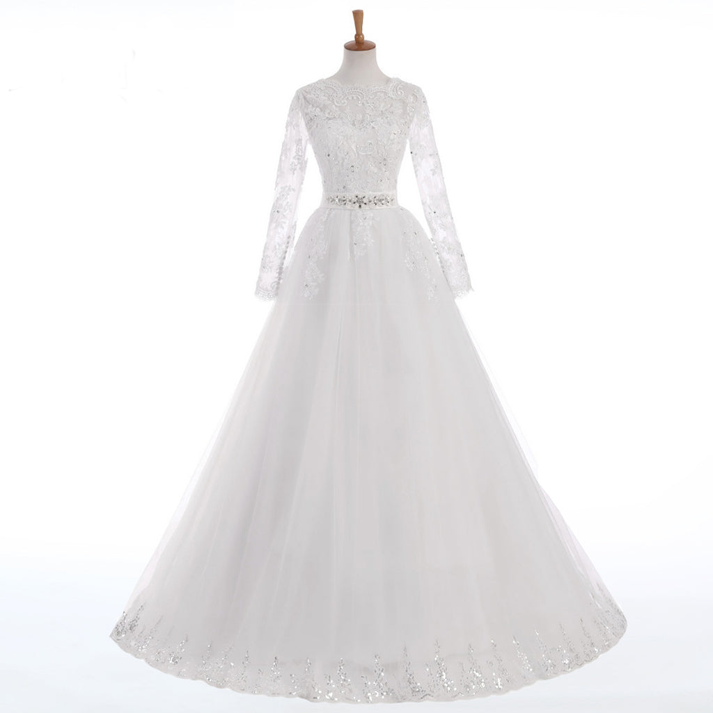 Long Wedding Dress, Long Sleeve Wedding Dress, Tulle  Wedding Dress, Applique Bridal Dress, Sequin Wedding Dress, Lace Honest Wedding Dress, LB0303