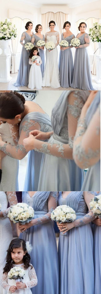 Charming See Through Long Sleeves V Neck Cheap Long Wedding Party Bridesmaid Dresses, WG309