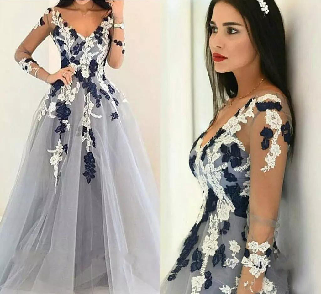 Elegant A-Line Tulle Long Sleeve Prom Dress, V-Neck Applique Floor-Length Prom Dress, KX343