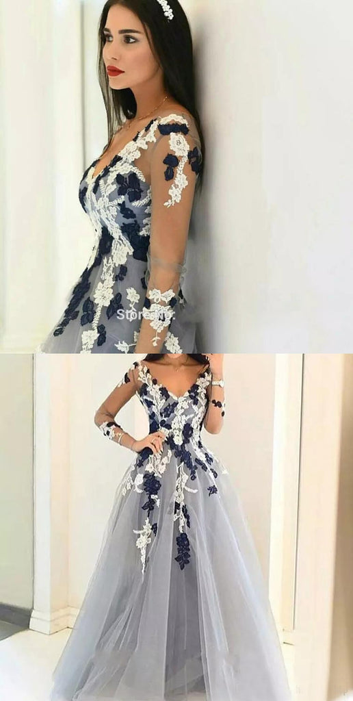 Elegant A-Line Tulle Long Sleeve Prom Dress, V-Neck Applique Floor-Length Prom Dress, KX343