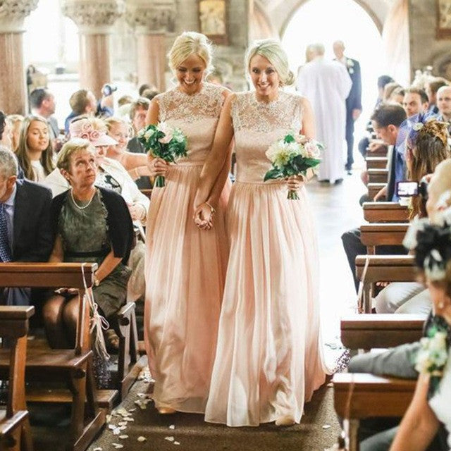 Charming Lace Top Blush Pink Chiffon Long Wedding Bridesmaid Dresses, WG348