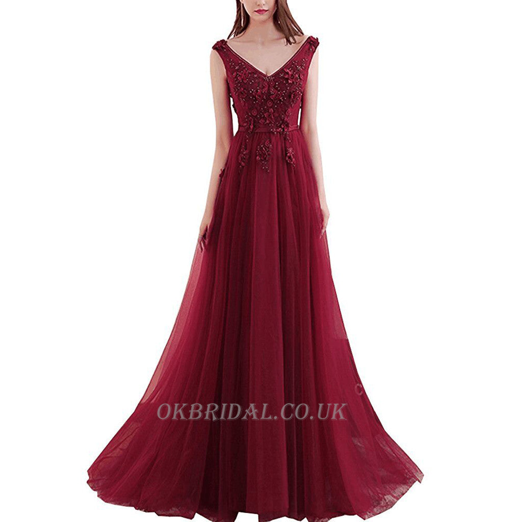 Sexy V-Neck Tulle Prom Dress, A-Line Sleeveless Prom Dress, Applique Beaded Evening Dresses, KX34