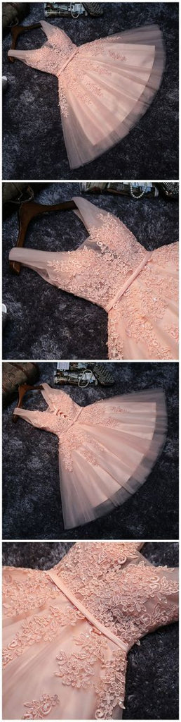 New Arrival Princess Lace Appliqued Tulle Homecoming Dress,Blush Pink Short Bridesmaid Dresses,Short Prom Dresses,220035