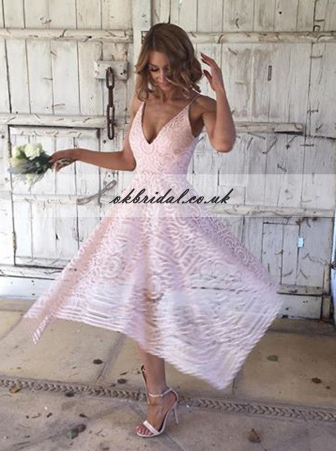 Spaghetti Straps Cheap Bridesmaid Dresses, Pink Lace V-Back Bridesmaid Dresses, KX350
