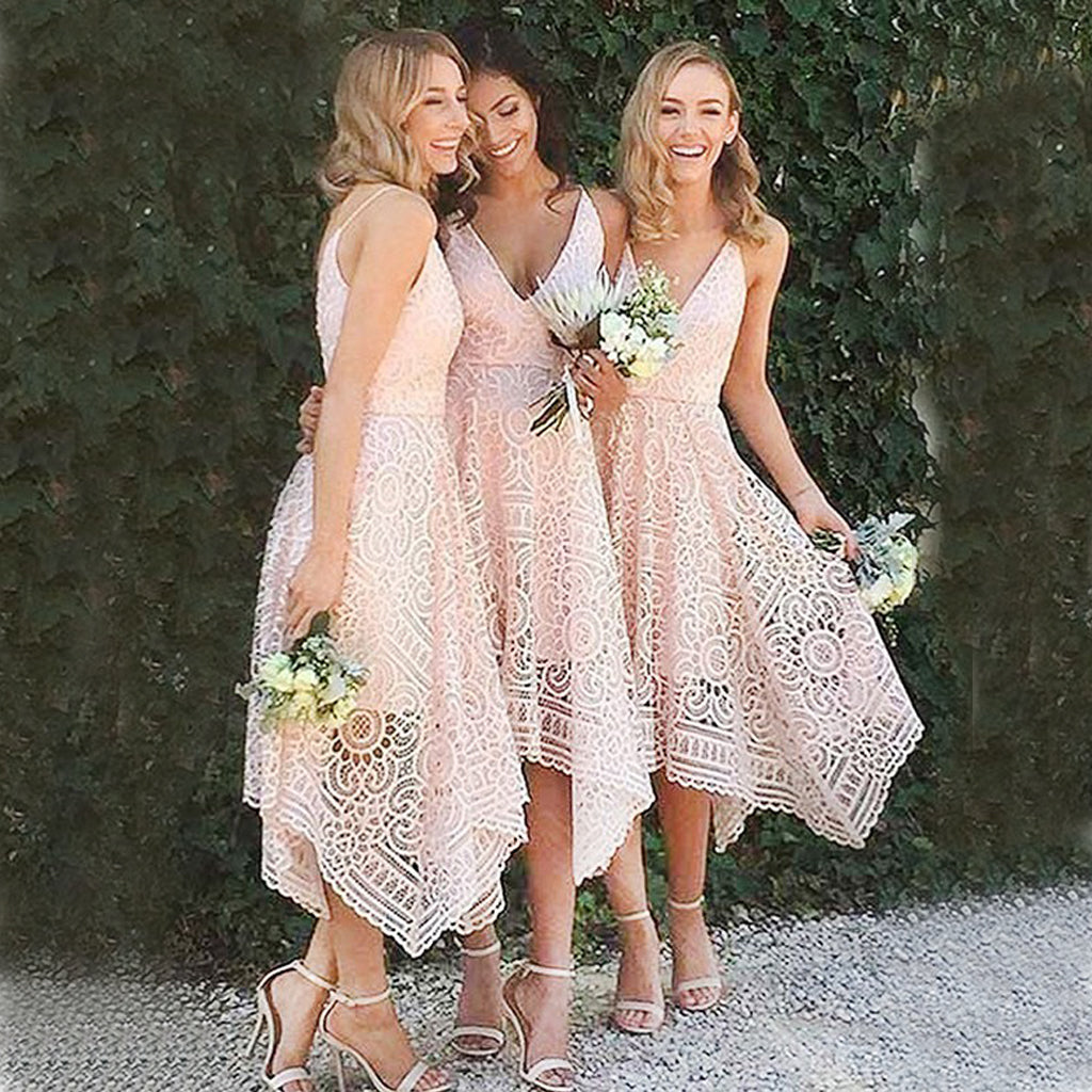 Spaghetti Straps Cheap Bridesmaid Dresses, Pink Lace V-Back Bridesmaid Dresses, KX350