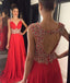 Red Chiffon A-Line Sleeveless Open-Back Beaded Prom Dress, FC375
