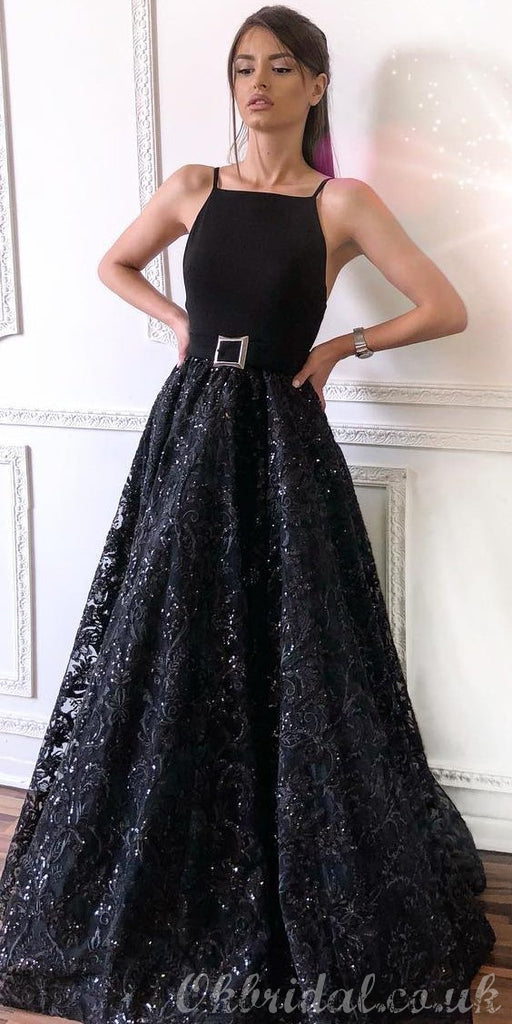 Elegant Black A-line Lace Backless Jersey Sleeveless Long Prom Dress, FC3776