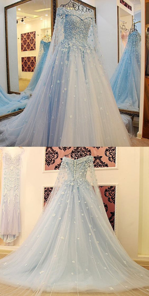 2017 High Quality Charming Blue Off the Shoulder Applique Lace Wedding Dresses with Long Train,220038