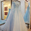 2017 High Quality Charming Blue Off the Shoulder Applique Lace Wedding Dresses with Long Train,220038