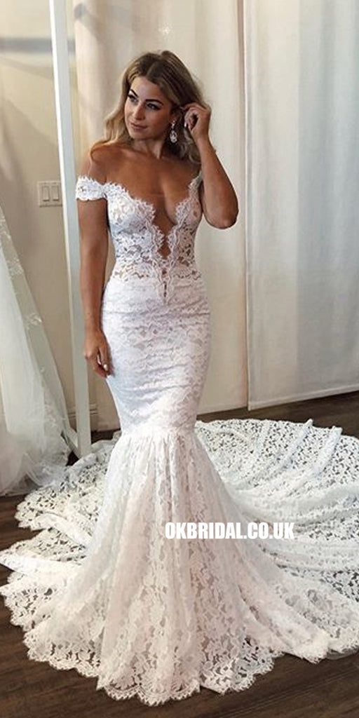 Popular Lace Off Shoulder Sexy Mermaid Wedding Dresses, FC3864