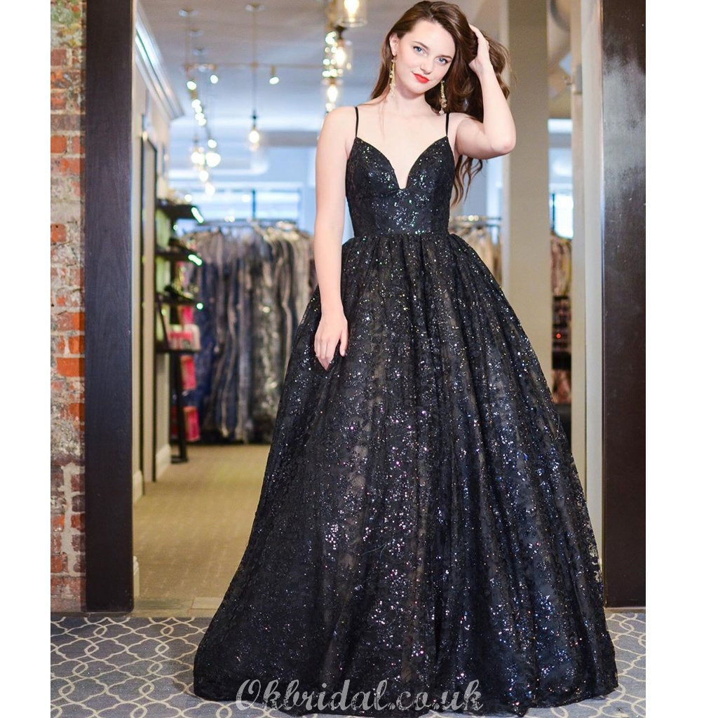 Black A-line Lace Cross-Back Floor-length Long Charming Prom Dress, FC4010
