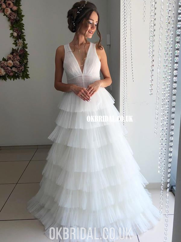 A-line Tulle V-neck Sexy Open-Back Floor-Length Simple Wedding Dresses, FC4069