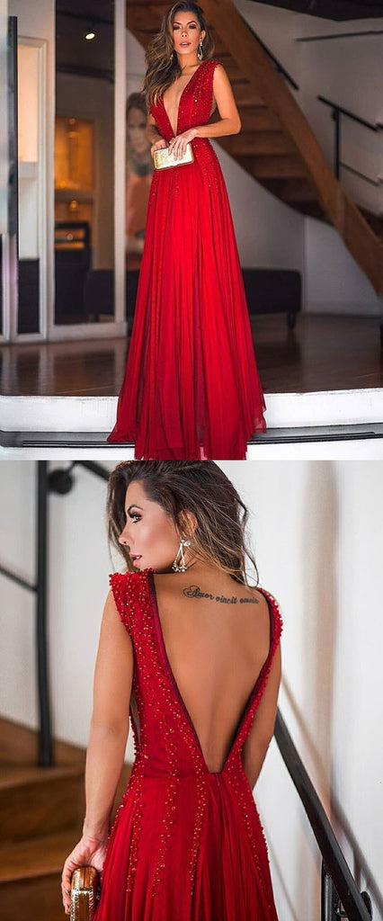 Red A-Line Backless Sexy Deep V-neck Beads Sleeveless Chiffon Prom Dress, FC409