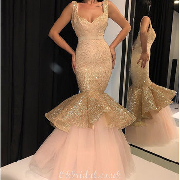 Gold Rhinestone Mermaid See Through Prom Dresses With Beading, MP380