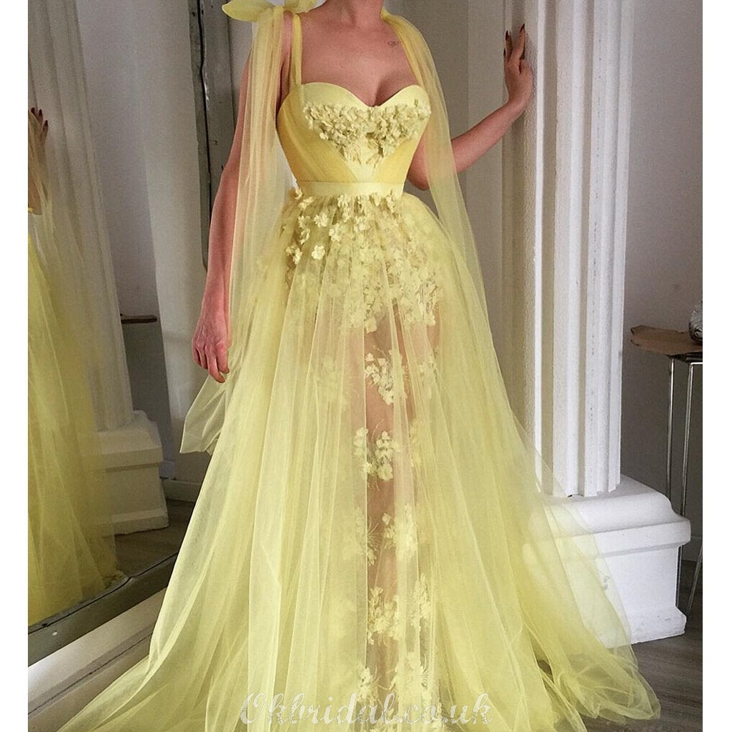 Yellow A-line Tulle Sweetheart Lace Applique Prom Dress, FC4155