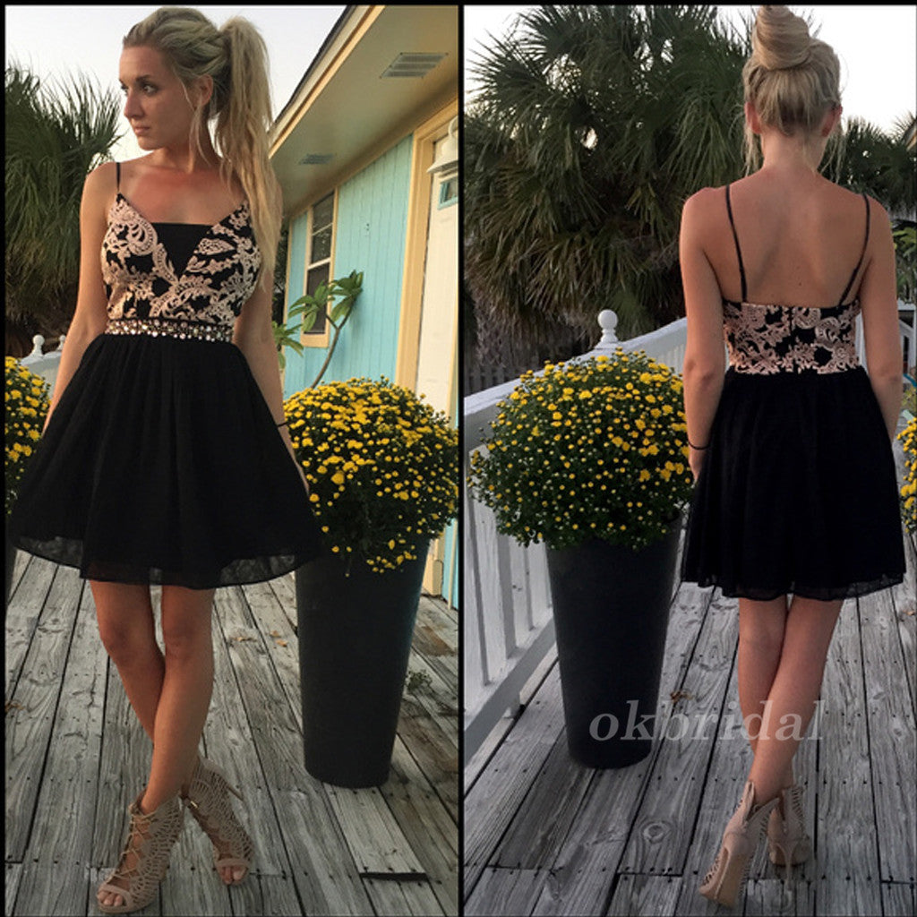 Spaghetti Straps Lace Homecoming Dress, Tulle Backless Homecoming Dress, KX41