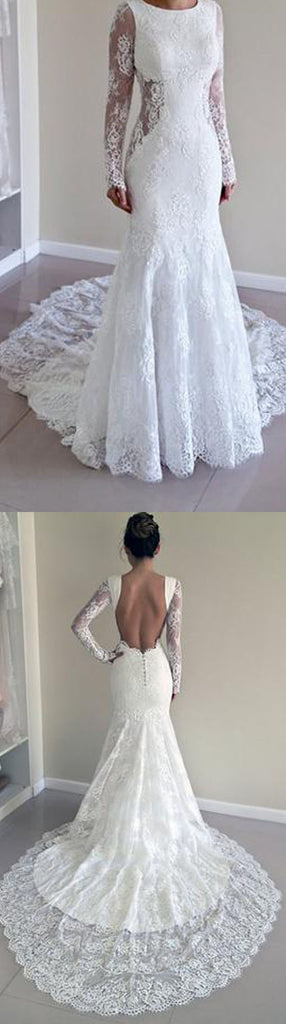 Sexy Full Sleeve Open Back Beautiful Affordable Lace Wedding Dresses with Short Train,220042