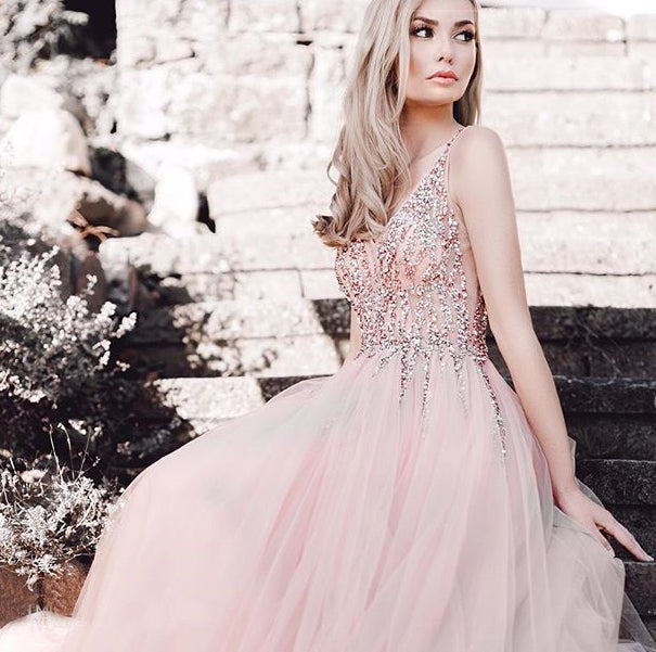 Charming A-Line Tulle Sleeveless V-Neck Beaded Prom Dress, FC433