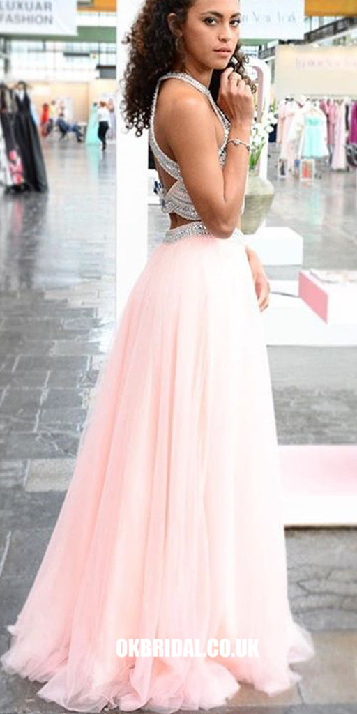 Two Pieces A-Line Tulle Luxury Beaded Open-Back Sleeveless Prom Dress, FC436