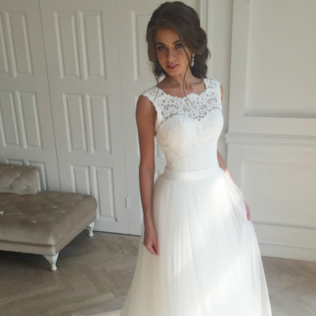 Long Tulle A-Line Bridal Dress, V-Back Elegant Sleeveless Lace Wedding Dress, LB0439