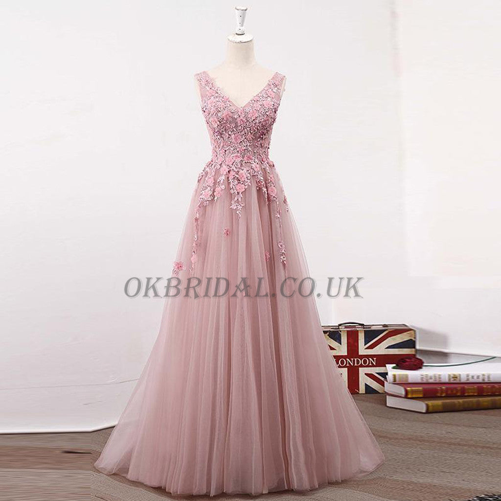 V-Neck Tulle Prom Dress, A-Line Applique Prom Dress, Floor-Length Party Dresses, KX43