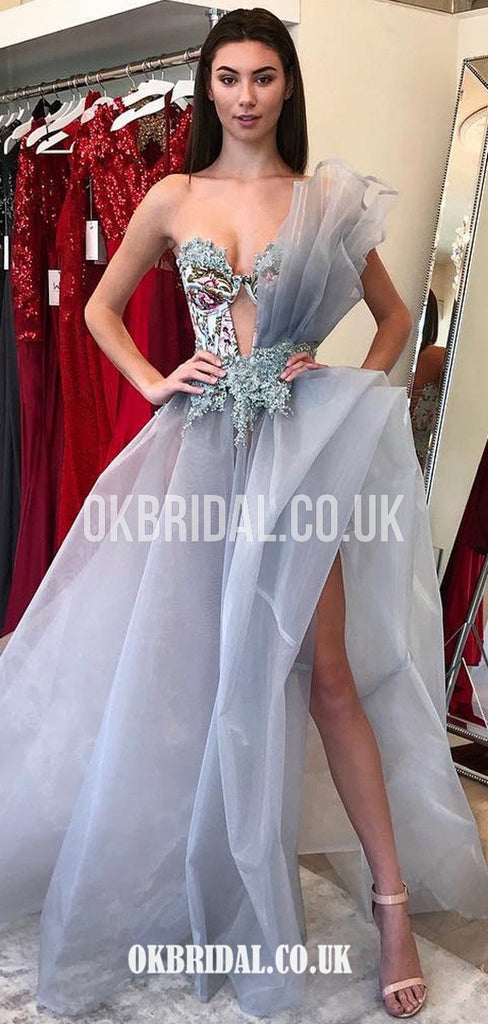 A-line Organza Sweetheart Sexy High Slit Applique Unique Prom Dress, FC4402